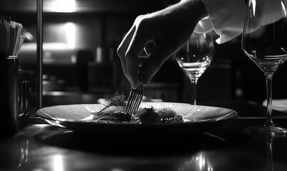 Naklejka premium A chef's hand delicately holds a fork over a plated dish of food.