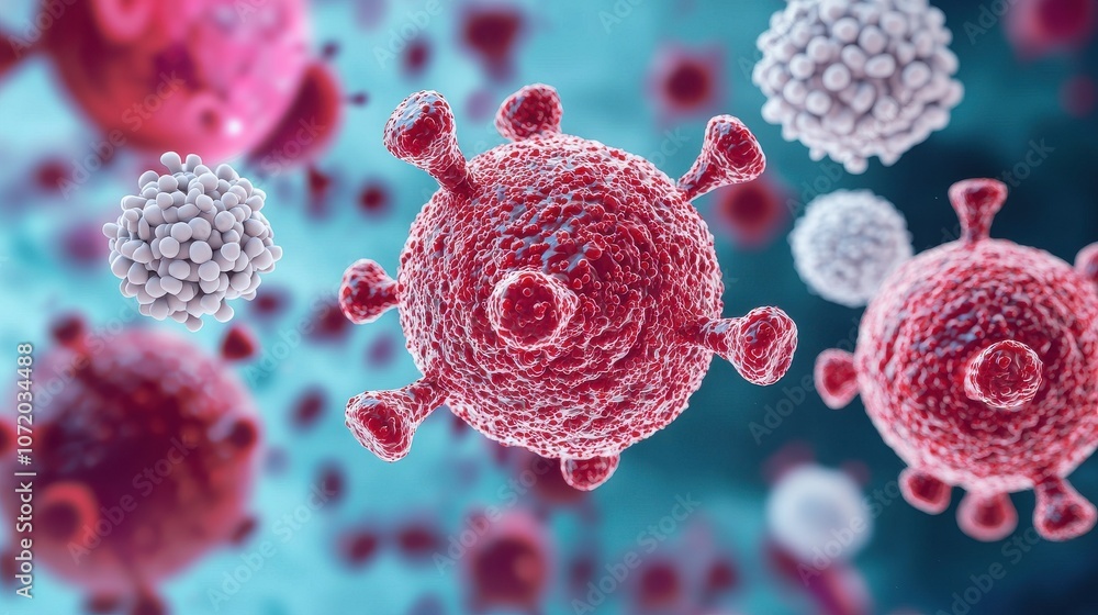 Poster a microscopic view of colorful viruses, showcasing their unique structures against a blurred backgro