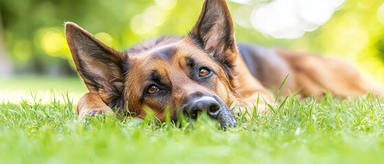 A german shepherd dog laying in the grass looking at the camera