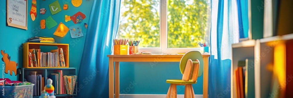 Poster a child's desk with a window and a bookshelf in the background.