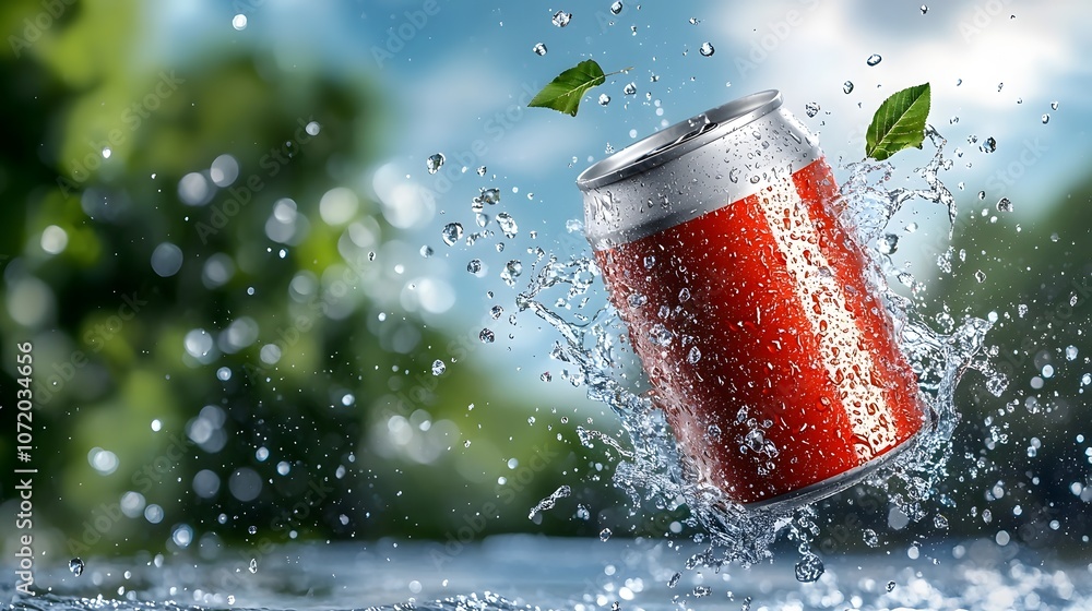 Aufkleber explosive soda can splashing with refreshing fizzy carbonated beverage in dynamic motion creating a 