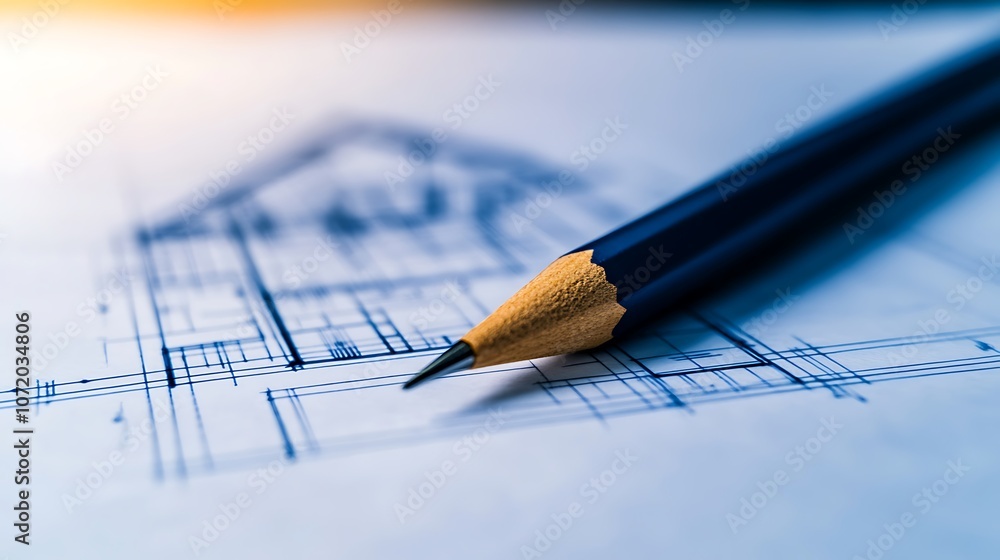 Poster A close-up of a pencil resting on architectural blueprints, showcasing precise lines and designs for a building plan.