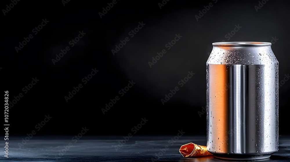 Poster chilled carbonated beverage in a silver aluminum can on a dark moody background the can is covered i