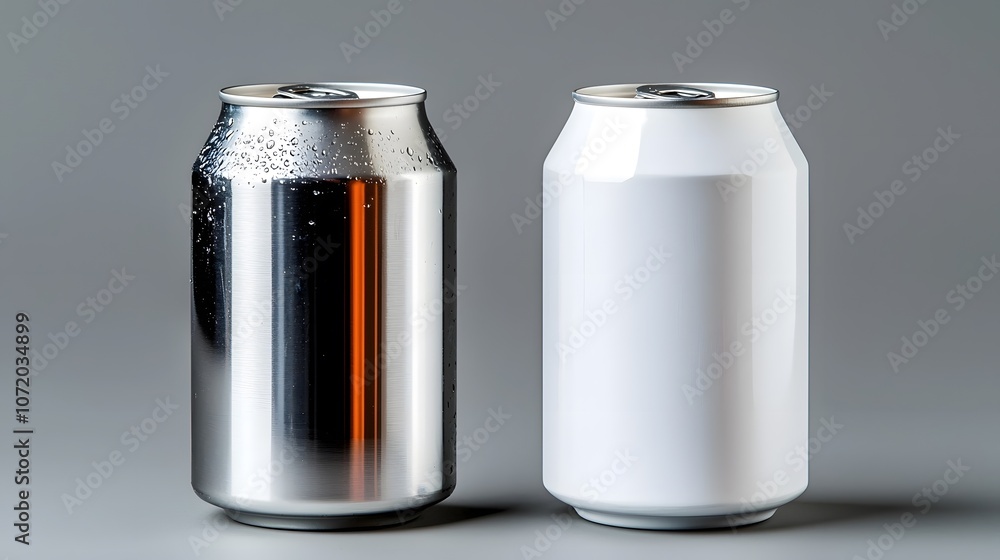 Poster two metallic beverage cans one black and one white sitting on a minimal white and gray background th