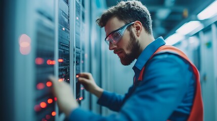 Young male IT professional standing in server room working on computer hardware and network equipment  Focused and concentrated on his duties as a technical specialist in the digital industry