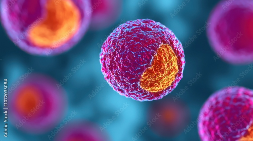 Poster a vibrant depiction of cells showcasing intricate structures and colors, emphasizing the complexity 