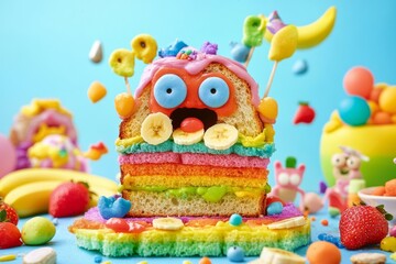 Obraz premium A colorful, playful cake with bright decorations and fruity toppings. Perfect for celebrations and festive occasions. Eye-catching and fun to enjoy. Generative AI
