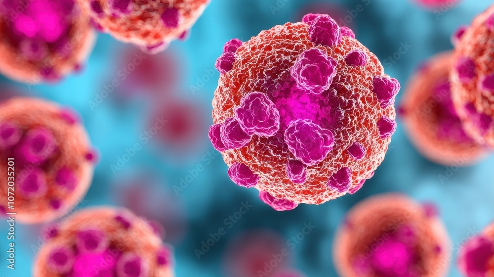 Poster a close-up view of colorful virus-like structures against a blue background, illustrating the comple