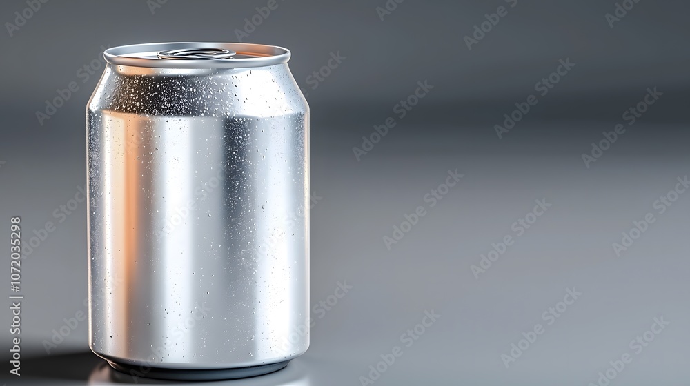 Poster closeup of a shiny metallic beverage can with condensation and a glossy reflective surface against a