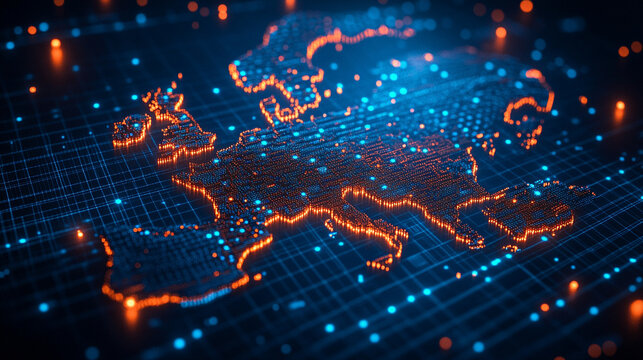 digital background with abstract code symbols, representing advanced technology, innovation, and the intersection of the digital world and human progress. It evokes themes of modernity and complexity