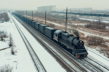 Aerial view of cargo train with container box on railroad, Train shipping on alaska railway among pine tree valley, Selective focus train with mountain view.