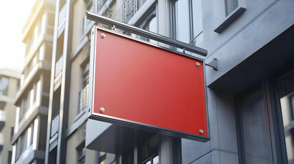Fototapeta premium Red Blank Signboard Attached to a Grey Building for Branding and Advertisement