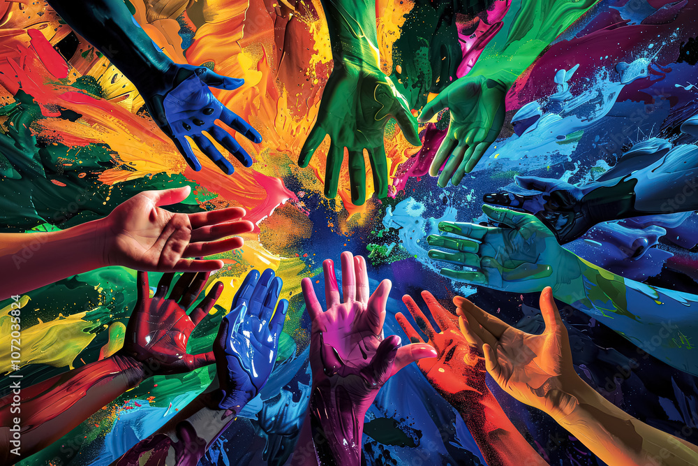 Aufkleber group of hands with different colors of paint on them. the hands are spread out and appear to be in 