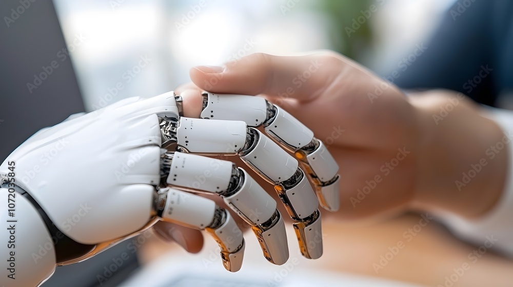 Poster robotic bionic hand interacting with human hand concept of future intelligence and digital automatio