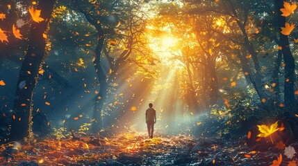 A person hikes along a forest trail, surrounded by towering trees and the sound of birds. The path is covered in leaves, and the sunlight filters through the branches, creating a peaceful and invigora