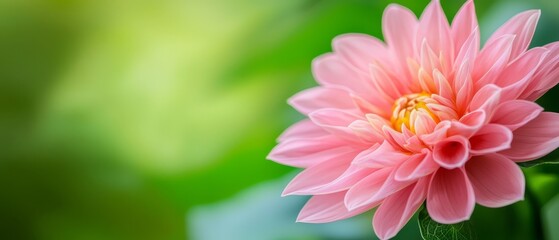 Fototapeta premium A pink flower with a yellow center on a green background