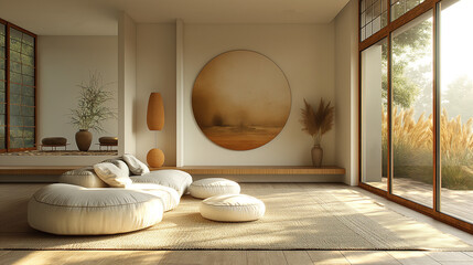 Minimalist, japandi style interior design of modern living room. Design concept