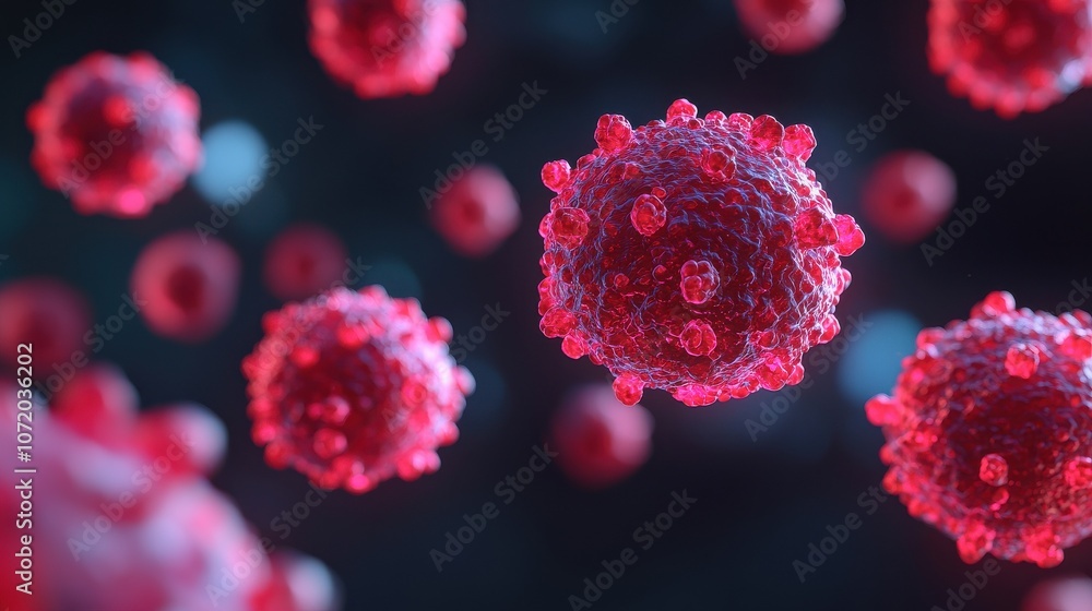 Poster a close-up view of digital representations of virus particles, showcasing intricate details and a vi