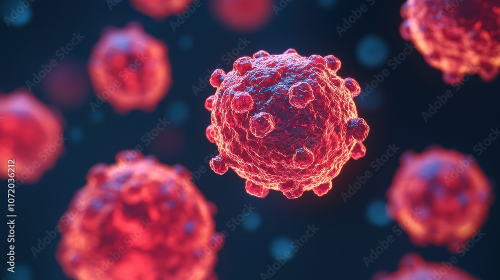 Poster a vivid illustration of red virus-like particles, showcasing their intricate structure against a dar