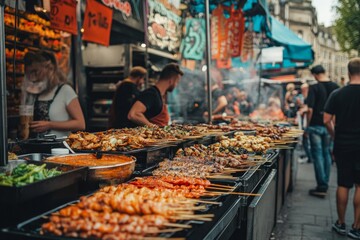 Naklejka premium Vibrant street food scene showcasing delicious skewers and sizzling meats. A lively market atmosphere full of flavors and aromas. Enjoy this culinary adventure. Generative AI