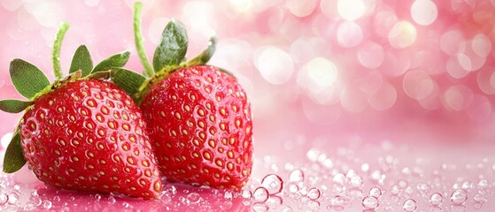 A couple of ripe strawberries sitting on top of a pink surface