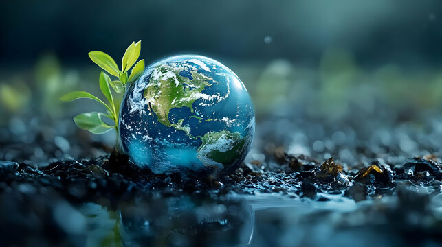 A Miniature Earth Globe with a Small Plant Sprouting from the Ground, Reflecting in a Puddle of Water