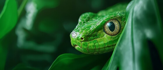 Fototapeta premium A close up of a green snake on a leaf
