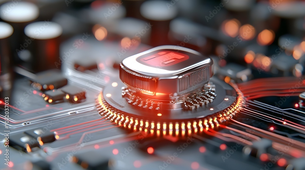 Poster close up shot of a futuristic looking red circuit board with metallic microchips transistors and oth