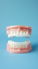 Obraz premium Close-Up Human Teeth Model on Solid Blue Background for Dental Education