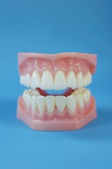 Obraz premium Close-Up Human Teeth Model on Solid Blue Background for Dental Education