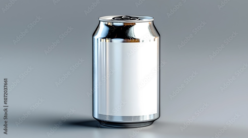 Poster metallic aluminum beverage can in a simple clean studio shot the gray cylindrical container is displ