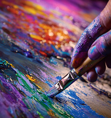 Artist applies vibrant colors to canvas