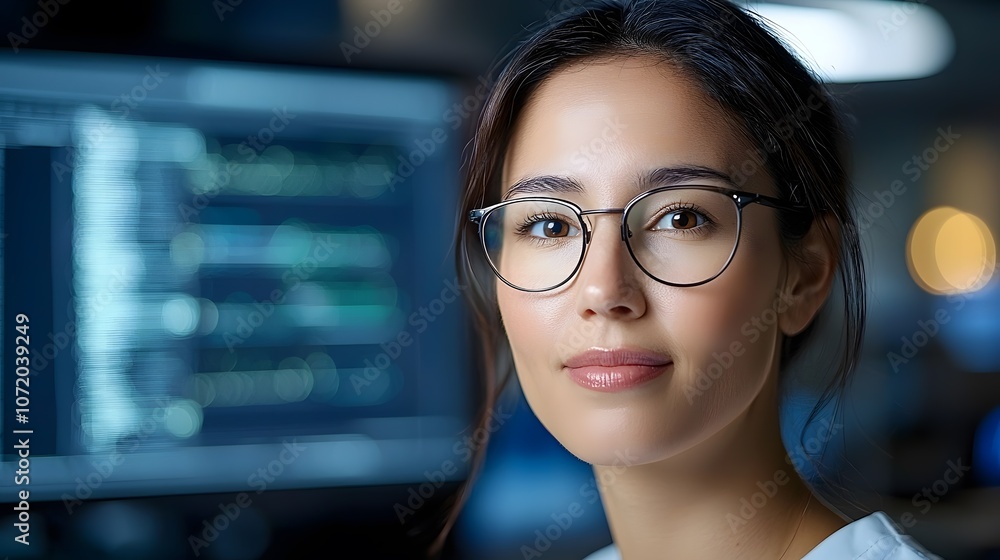 Poster portrait of a confident and focused female professional wearing glasses sitting at a desk and intent