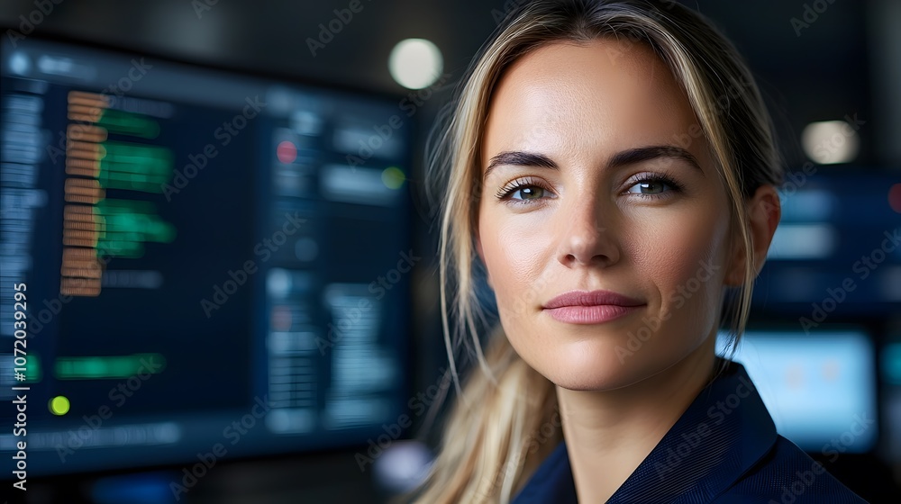 Poster portrait of a focused determined businesswoman analyzing complex data and information displayed on m