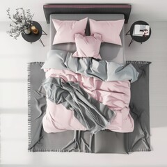 Top view of a pink and white bedroom with a bed. two nightstands. and a rug