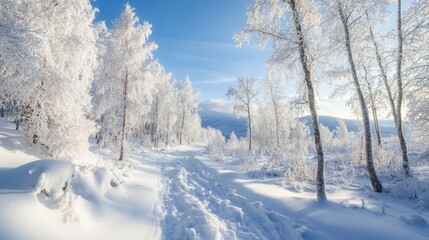 Obraz premium Snowy forest path with frosted trees and mountain view