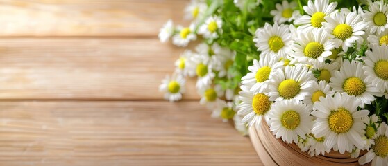 Obraz premium A bunch of white daisies in a wooden bowl on a table