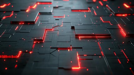 Abstract technology background with red glowing patterns and dark geometric shapes.