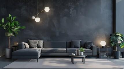 Fototapeta premium Minimalist living room interior design with a beige sofa. two coffee tables. and plants in pots against a dark grey wall with moldings