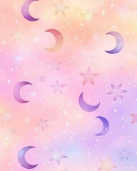 Fototapeta premium A chic seamless pattern with holographic stars and moons scattered on a soft pastel background, offering a dreamy, ethereal vibe for accessories, kids' products, or stationery
