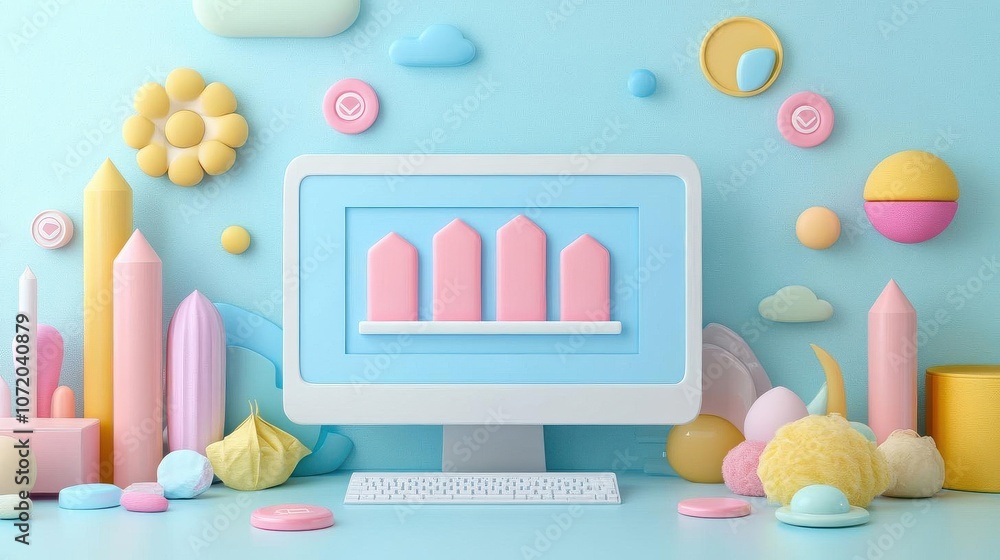 Poster a colorful digital setup featuring a computer with pink bars, surrounded by pastel shapes and decora