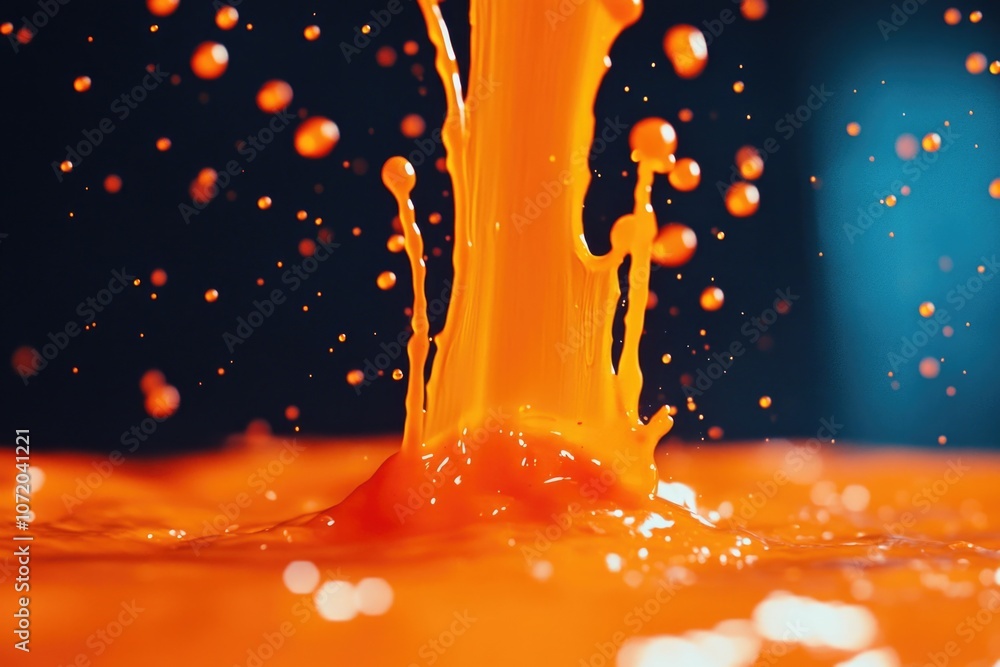 Poster a close-up shot of orange liquid splashing on top of an orange surface, ideal for use in designs rel