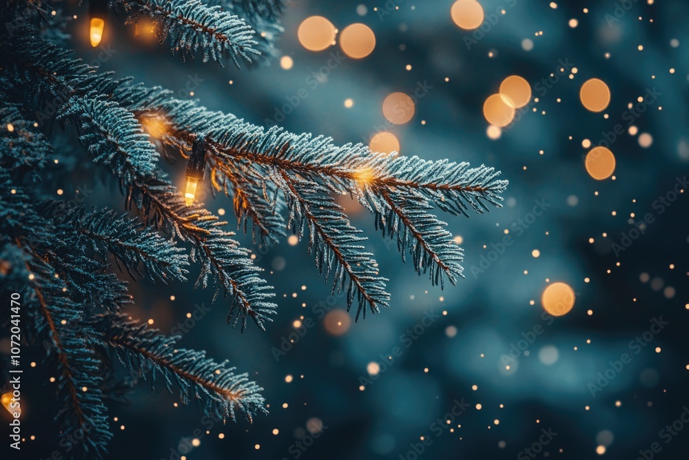Poster A close-up shot of a pine tree branch with twinkling lights in the background, perfect for use in winter-themed designs and compositions