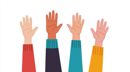 Fototapeta premium Diverse hands raised in a colorful display of unity and participation.