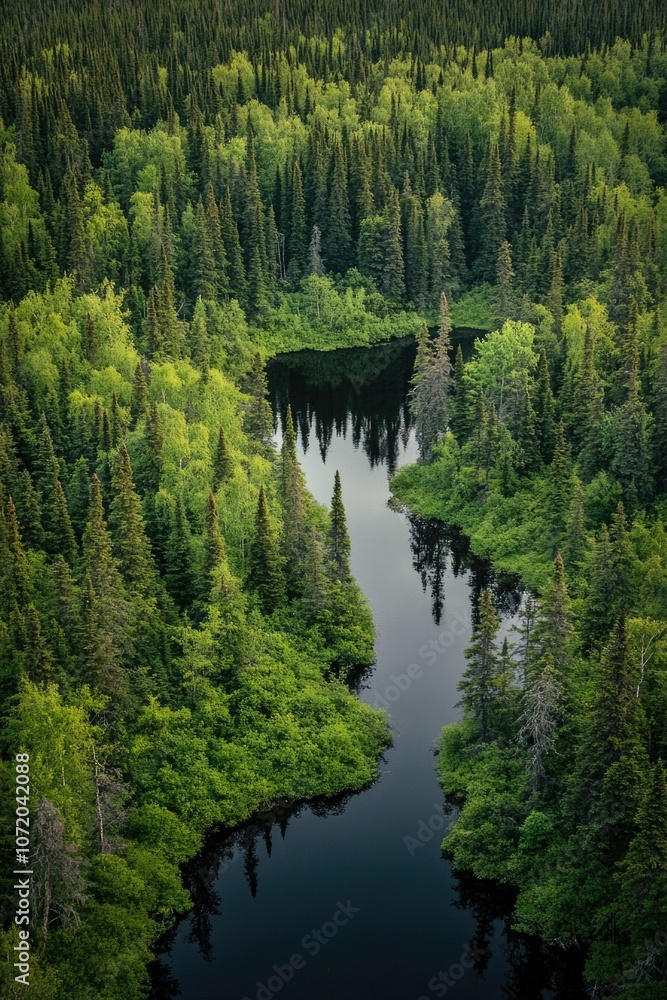 Aufkleber a serene scene of a river winding its way through a dense forest, surrounded by tall trees and lush 