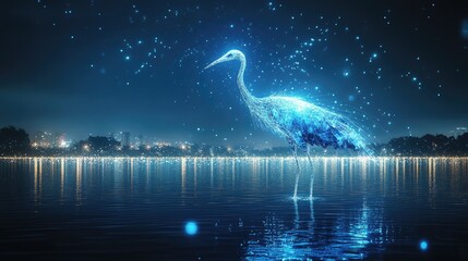 A digital rendering of a blue crane standing in a lake at night with city lights in the background.