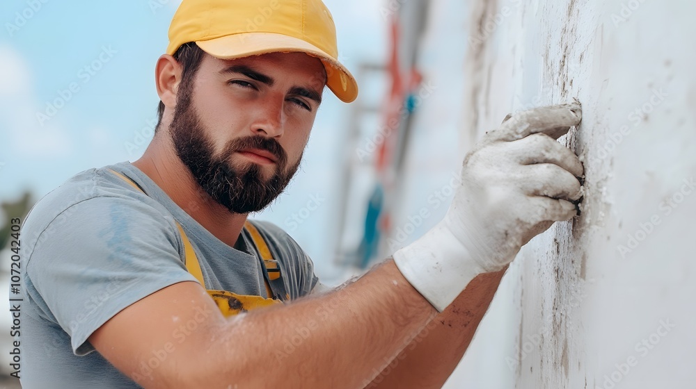 Poster hardworking construction worker repairing and improving building structure professional handyman in 