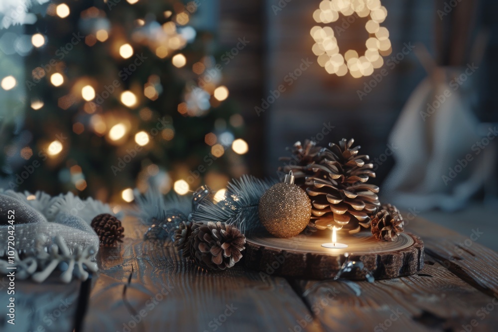 Aufkleber a wooden table setting with pine cones and a christmas tree in the background