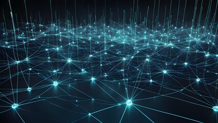 A digital network representation with glowing nodes and lines.