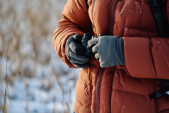 Person holding a binocle in a padded jacket